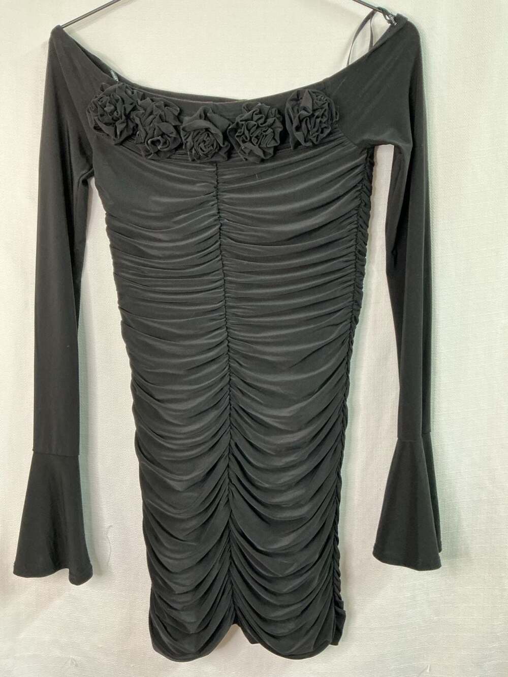 Forever 21 Black Off-Shoulder Ruched Long Sleeve Rose Detail Dress